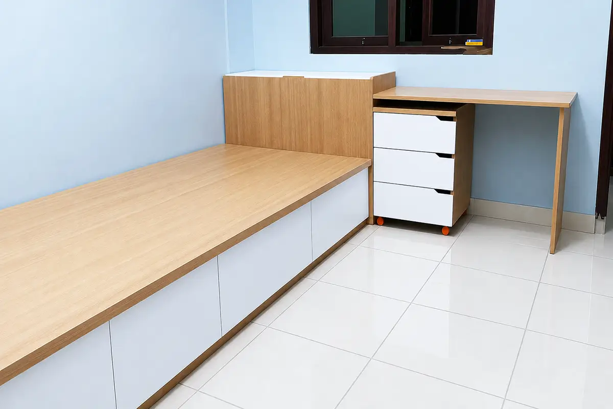 dipan kayu dengan laci penyimpanan